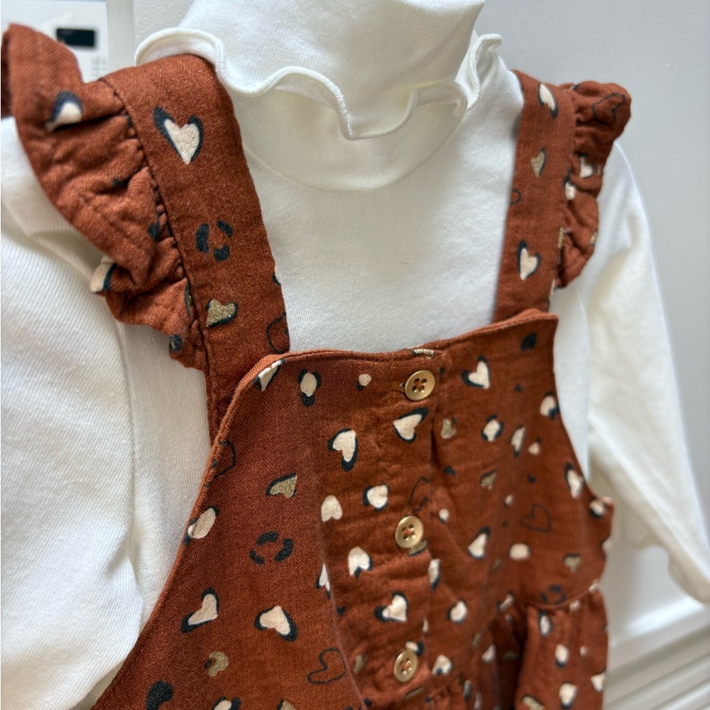 Brown Heart Print Jumper Dress + Cream Turtleneck with Ruffle Details